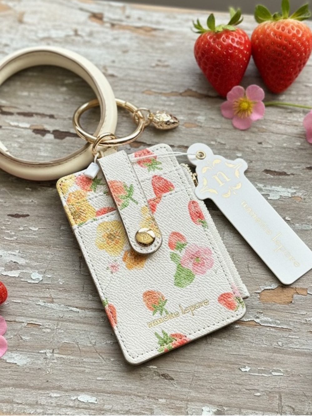 Nanette Lepore- Candi Bracelet “Sweet Strawberries” Floral Key Ring Card Holder